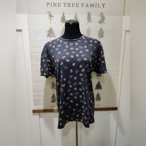 AllSaints Autumn Leaf Print Crew Neck T-Shirt Faded Black Grey Size Medium